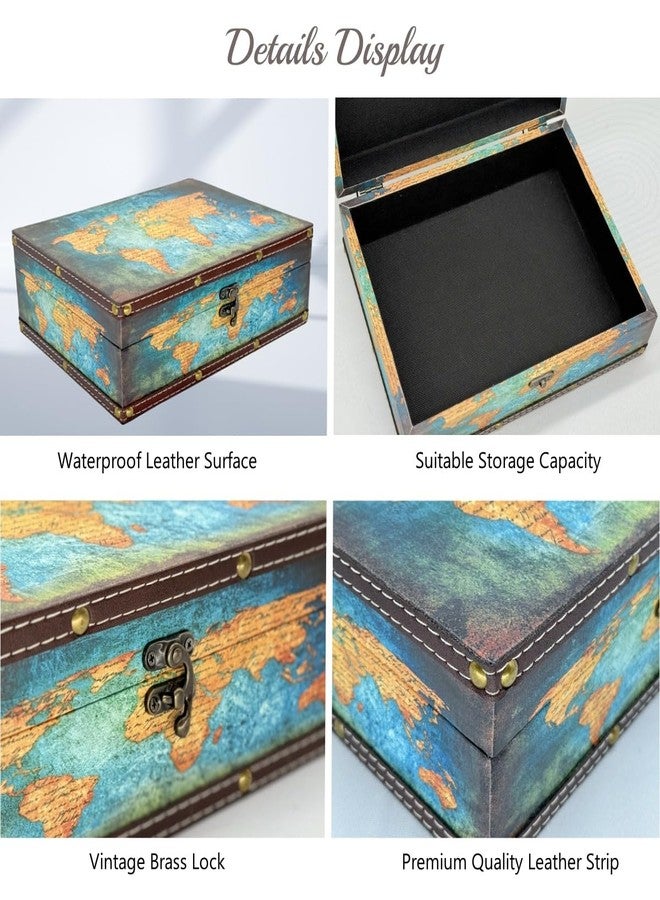 Amedoo Treasure Box Vintage Wooden + PU Leather Decorative Trinket Jewelry Box Memento Case Box Keepsake Box Gifts For Kids Girls Women Men Home Decor (Map/Green, Medium) - Image 2